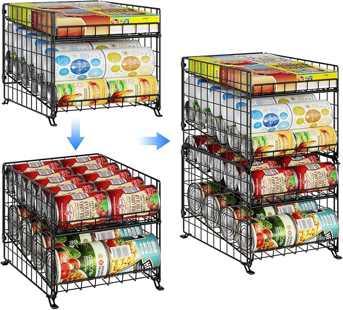 JKsmart 2 Pack 2 Tier Stackable Can Organizer for Pantry, Can Rack Holder for Kitchen Pantry Cabinet, 16inch Depth Can Dispenser for Various Ounces of Canned Food Soda Drinks, Black