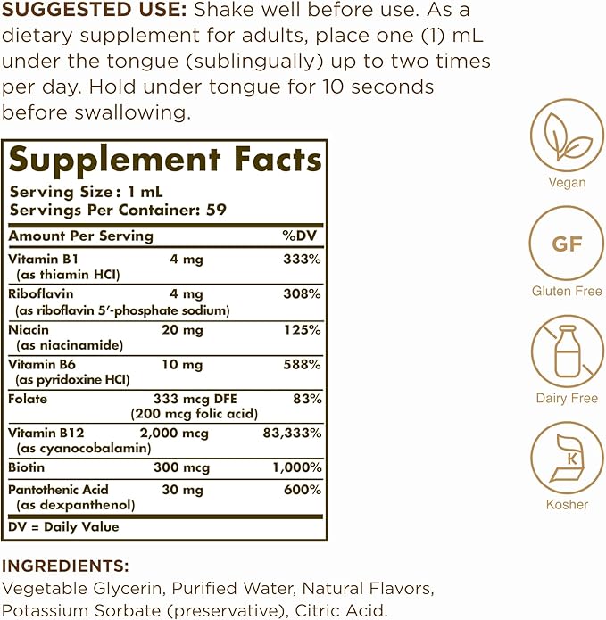 SOLGAR Sublingual Liquid B-12 2000 mcg with B-Complex - 2 fl oz, Pack of 2 - Supports Energy, Red Blood Cells, Healthy Nervous System & Heart Health - Vegan, Gluten Free - 118 Total Servings