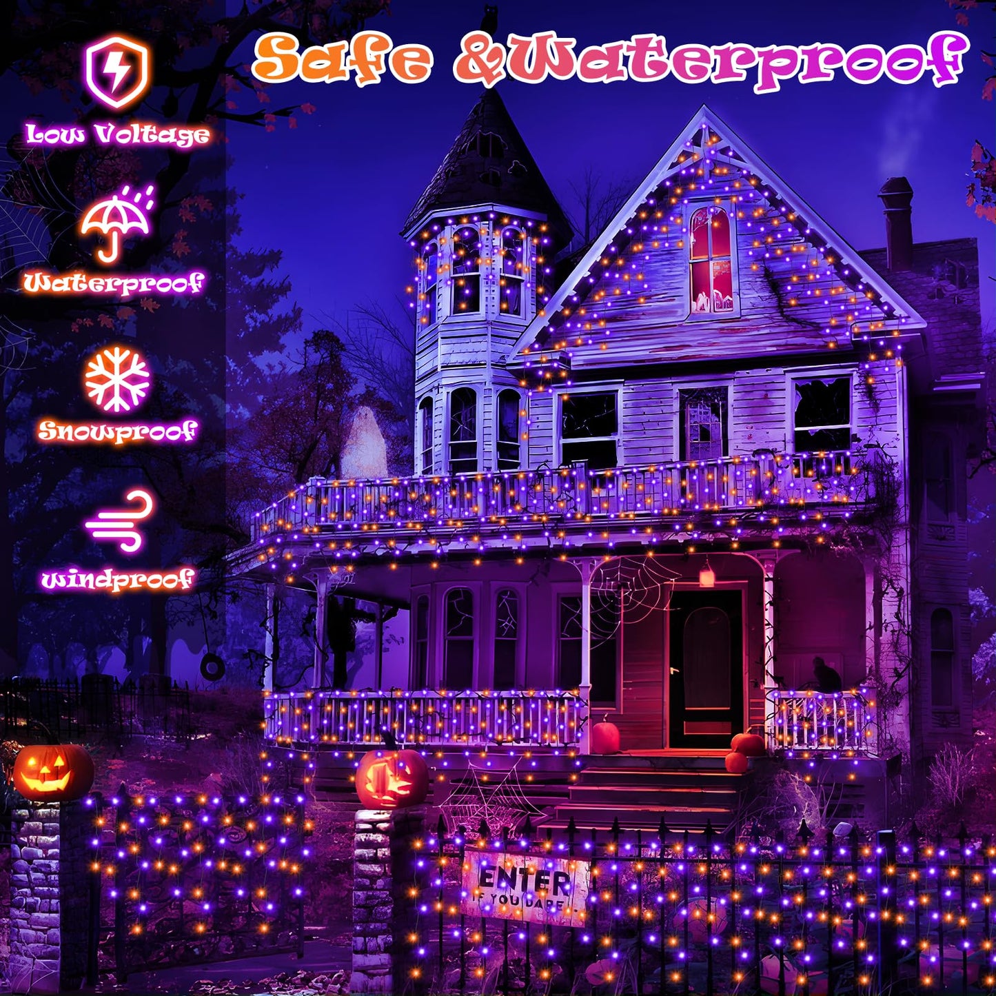 Heceltt Halloween Lights, 640 LED 66FT, Orange and Purple, Clear Wire, 8 Modes, Timer Memory Function, Model BG-CL3M3-306L01