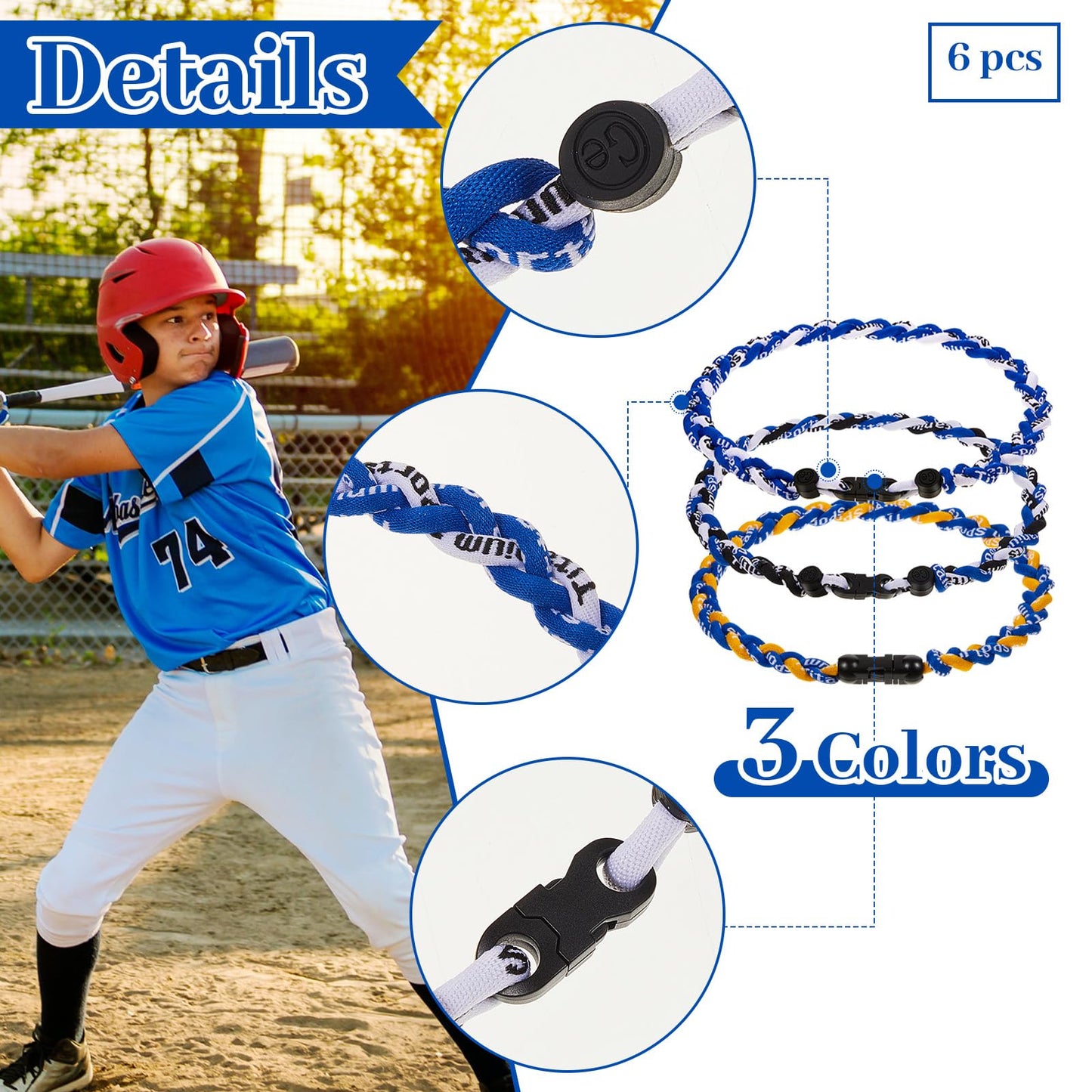 Junkin 6 Pcs Baseball Necklaces Three Braided Rope Titanium Necklace for Team Gifts Boys Men Player Softball Fans Sports (Vivid