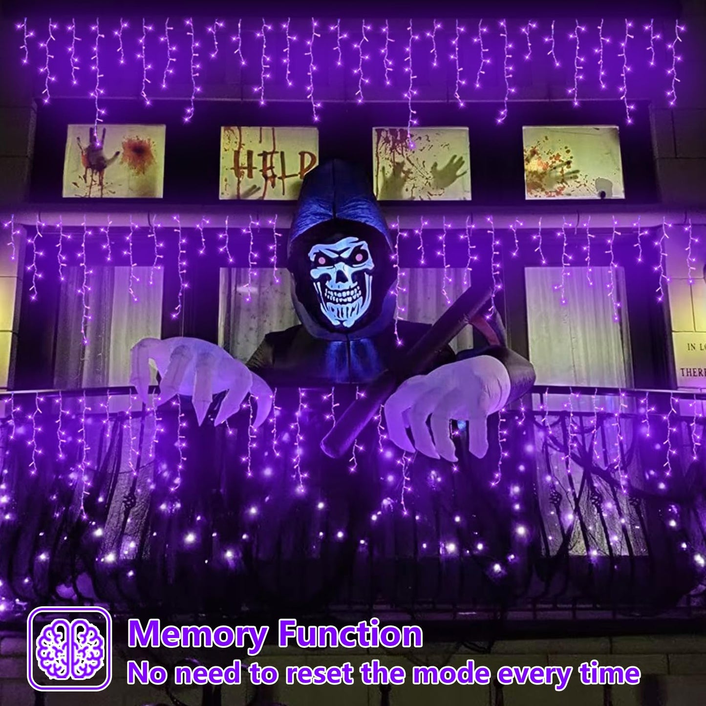 YEGUO 33ft Purple Icicle Christmas Lights, 400 LED, Waterproof, 8 Modes, Model JT-EL/FC300V0200-C