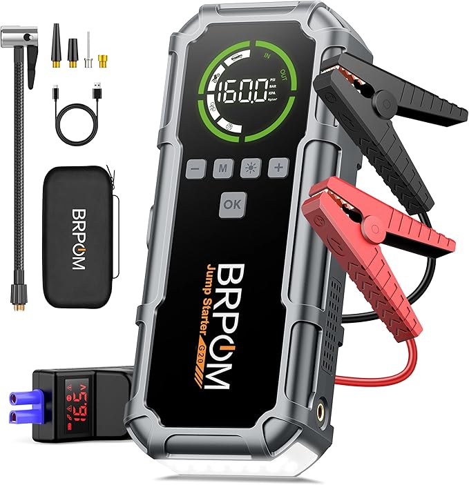 Jump Starter with Air Compressor, BRPOM 8000A Portable Car Jump Starter (All Petrol/12L Diesel), 160PSI 12V Battery Jump S...