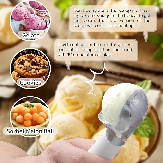 Heated Ice Cream Scoop Rechargeable, Electric Warming Ice Cream Scooper with LED Display, Heats to 158°F for Hard Ice Cream, Easy for Seniors & Kids, IP67 Waterproof (White, 2 oz)