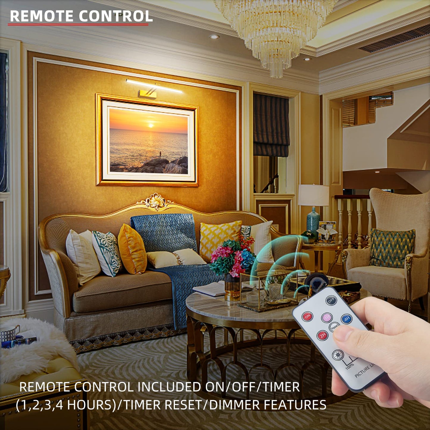 Funchday 20 Battery Picture Light - Wireless Remote, Dimmable, Metal Art Light In Gold, Model Fc70182 For Artwork Display