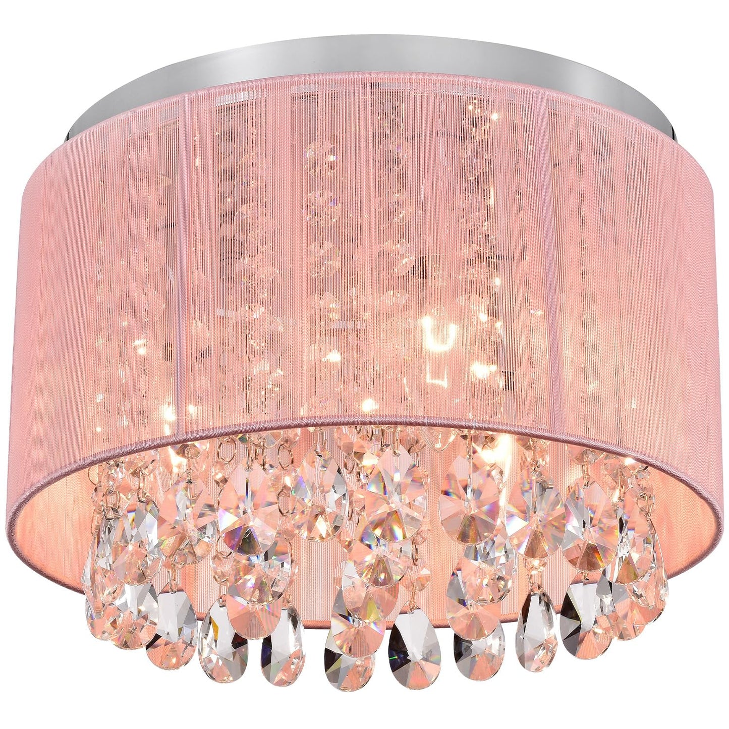 Lalula Pink Chandelier Drum Flush Mount Light Fixture - 3-Light 11 Round Crystal Ceiling Light For Girls Bedroom