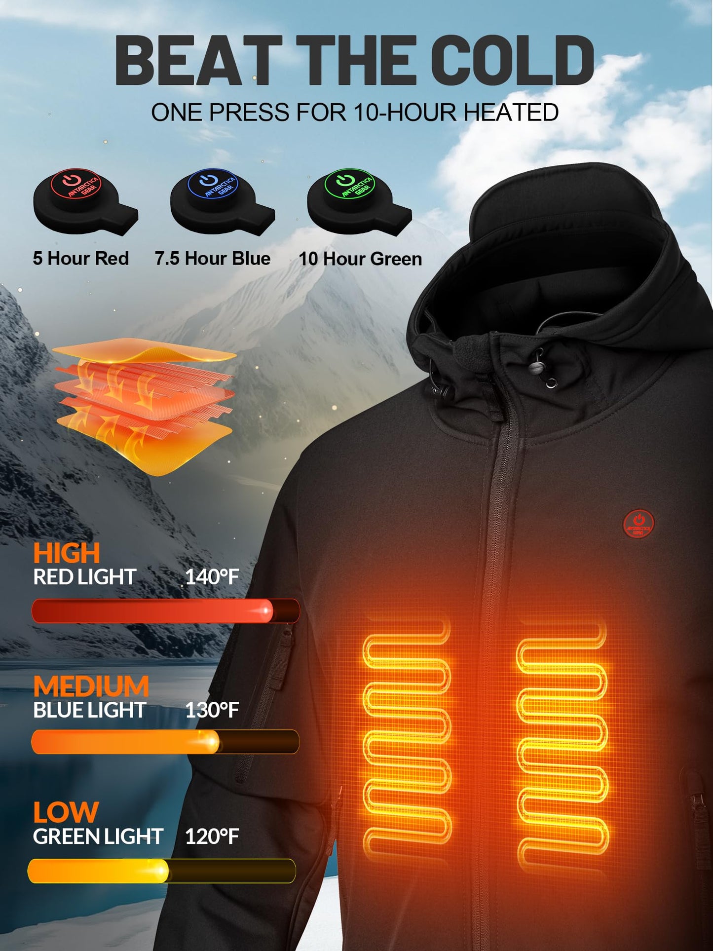ANTARCTICA GEAR Men's Heated Jacket Winter Soft Shell Heating Hooded Coat with 12V 15000mAh Battery Pack, Water-Resistant Cold Weather Outerwear