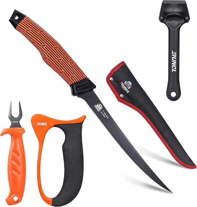 RUNCL Fishing Fillet Knife Combo Set, Fishing Tools Kit With 7" Fillet Knife, Fillet Fork, Knife Sharpener and Fish Scaler Remover, 4 Pieces fishing Kit Tool, Perfect for Fresh or Saltwater