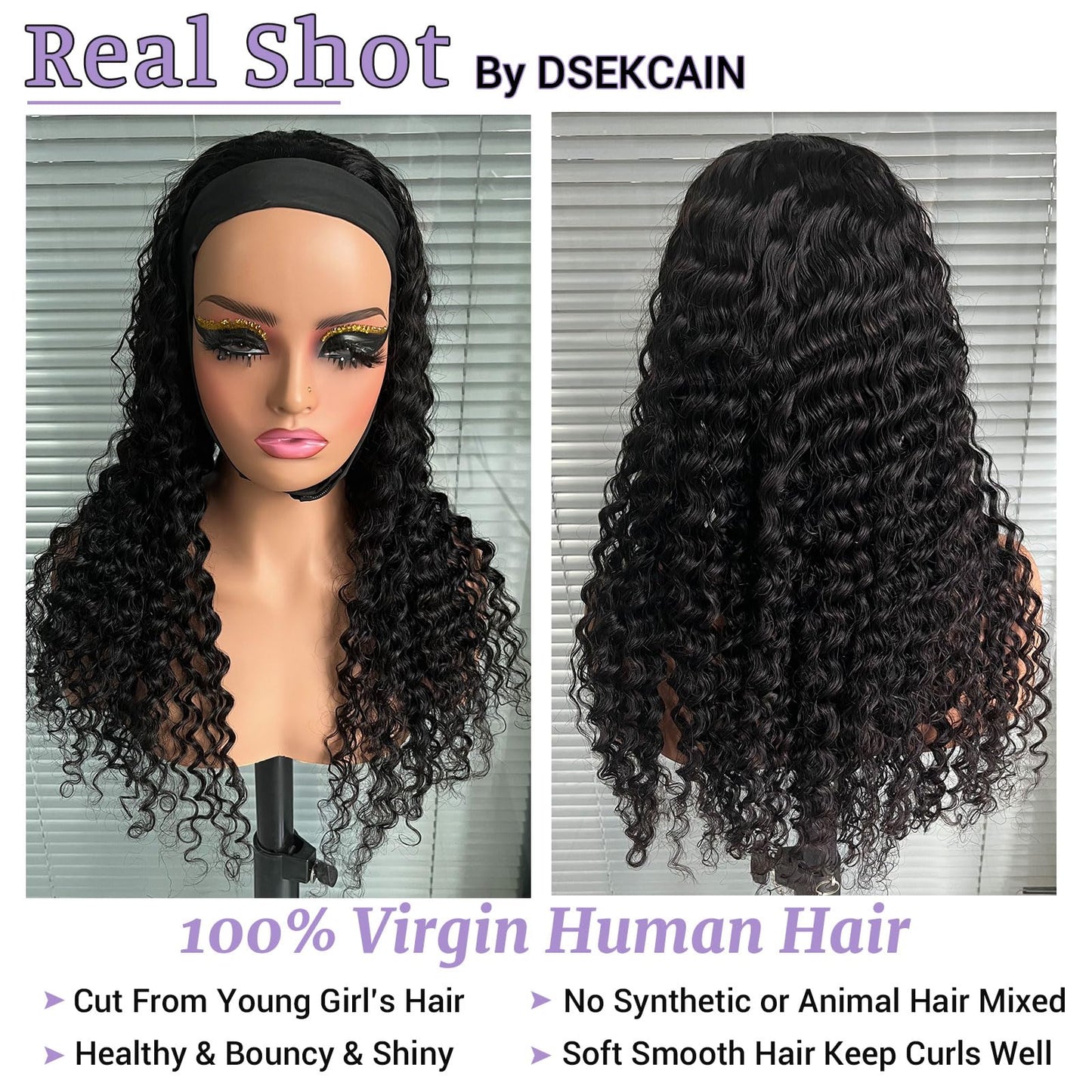 DSEKCAIN Deep Wave Headband Wig Human Hair 20 Inch 200 Density 100% Real Human Hair Deep Curly Headband Wig No Glue No Sew In Gl