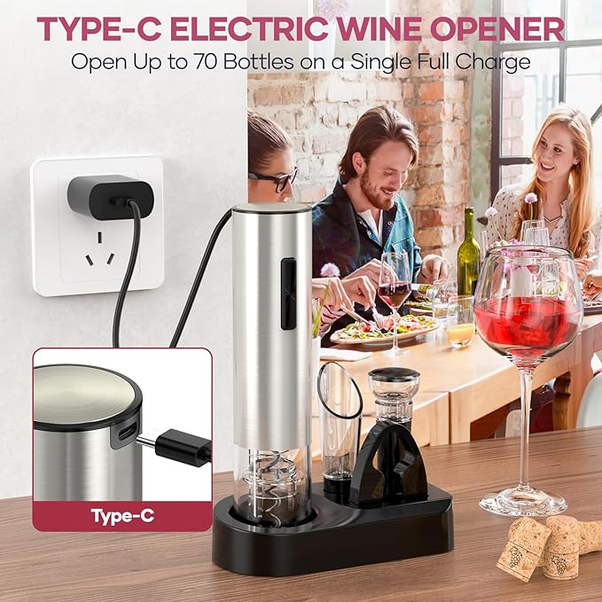 Electric Wine Opener,Rechargeable Automatic Wine Opener Corkscrew Opener Set With Wine Stopper, Foil Cutter, Wine Aerator,Storage Base & USB-C Cable Christmas Gifts for Wine Lovers