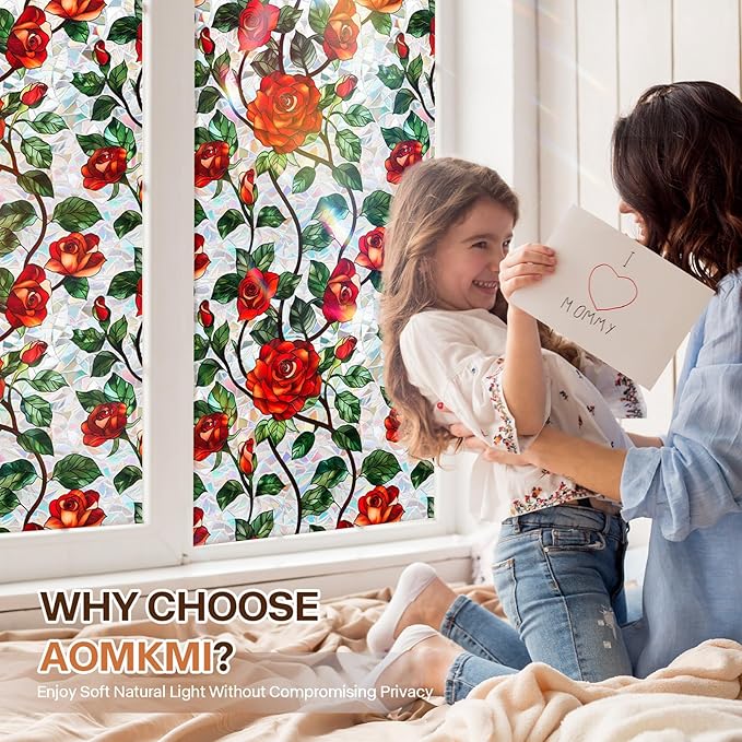 Stained Glass Window Film UV Resistant Window Privacy Film Rose Floral Privacy Rainbow Decals Living Room Bedroom Sun Blocking Decor Removable Static Cling Stickers 17 x 39.37 Inch