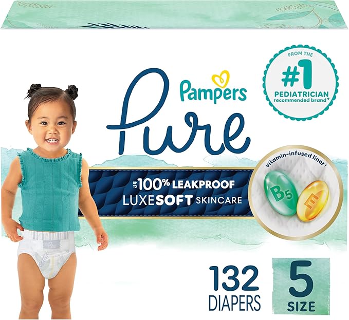Pampers Pure Protection Baby Diapers, Size 5 (27+ lbs), 132 Count, Up to 100% Leakproof, Premium Plant-based Skin Protection, Hypoallergenic Soft Diapers
