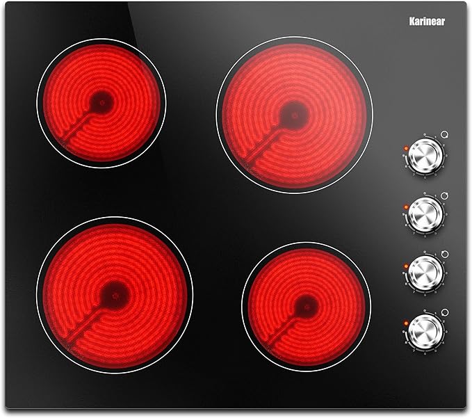 Karinear 24 Inch Electric Cooktop 4 Burners Electric Stove, Knob Control,6000W, Built-in Radiant Hob,Residual Heat Indicator, Overheat Protection,Hardwired 220V Radiant Ceramic Stove(Silver Knob