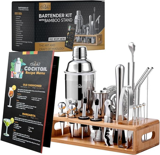 TEAVAS Mixology Bartender Kit with Japanese Jigger & Bamboo Stand - 25 Piece Stainless Steel Cocktail Making Set, Shaker, ...