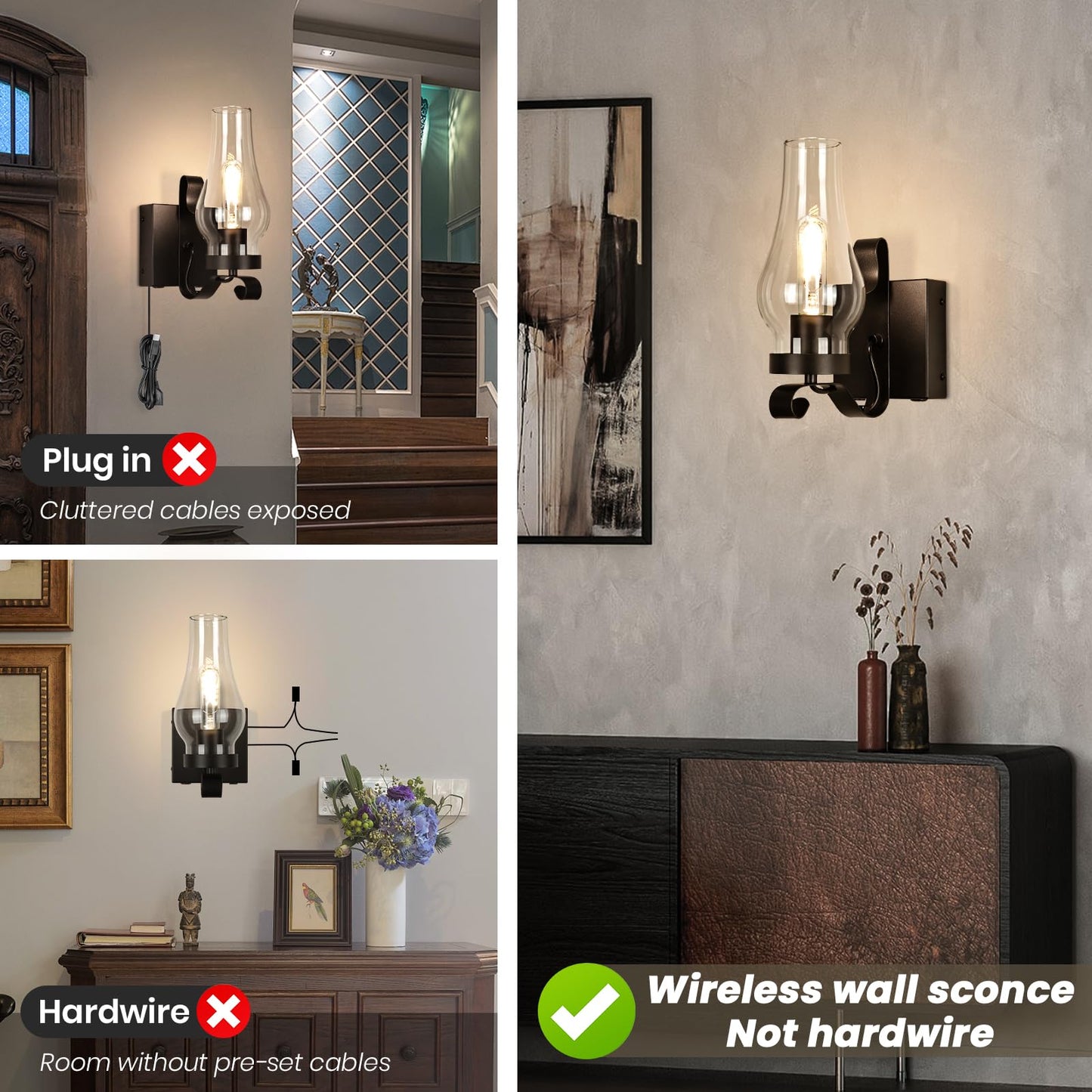 EIDEARAY Battery Operated Wall Sconces, Rustic Antique Kerosene Lamps, 2-Pack, Metal, Black, Model WL-CTGD-D2