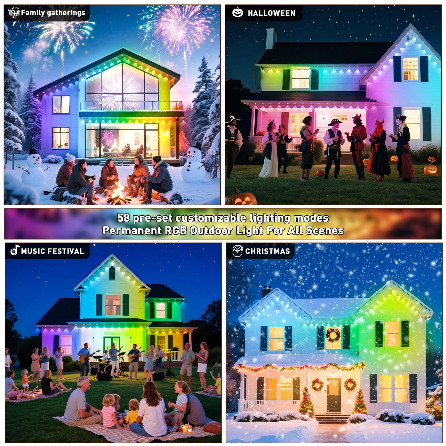 Inzidol Permanent Outdoor Lights 150Ft Rgb Eave Light Ip67 Waterproof Lighting For House Smart Led With App/Remote Control For Outdoor Decor Garden Decor Party Holiday