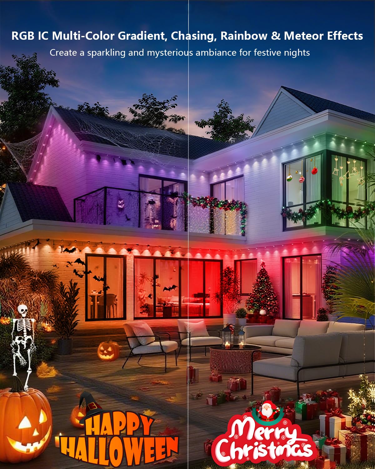 Mimirgb Permanent Outdoor Lights 200Ft Rgb Ic Outdoor Lights With 120 Led Lights For House Roof Christmas Holiday Party Daily Lighting Ip67 Waterproof Eaves Light With Multi Scene Modes For Halloween