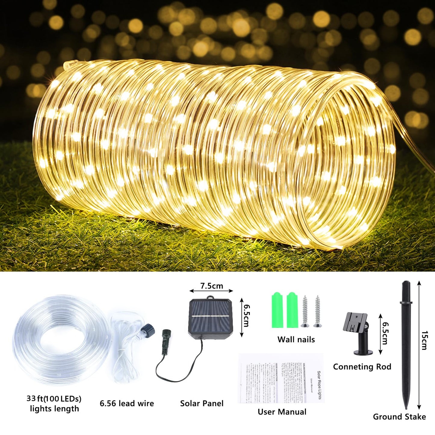 Jnaurb Solar Rope Lights, 66ft 200LED, Waterproof, Flexible Plastic, Warm White, 8 Modes, Outdoor Decor