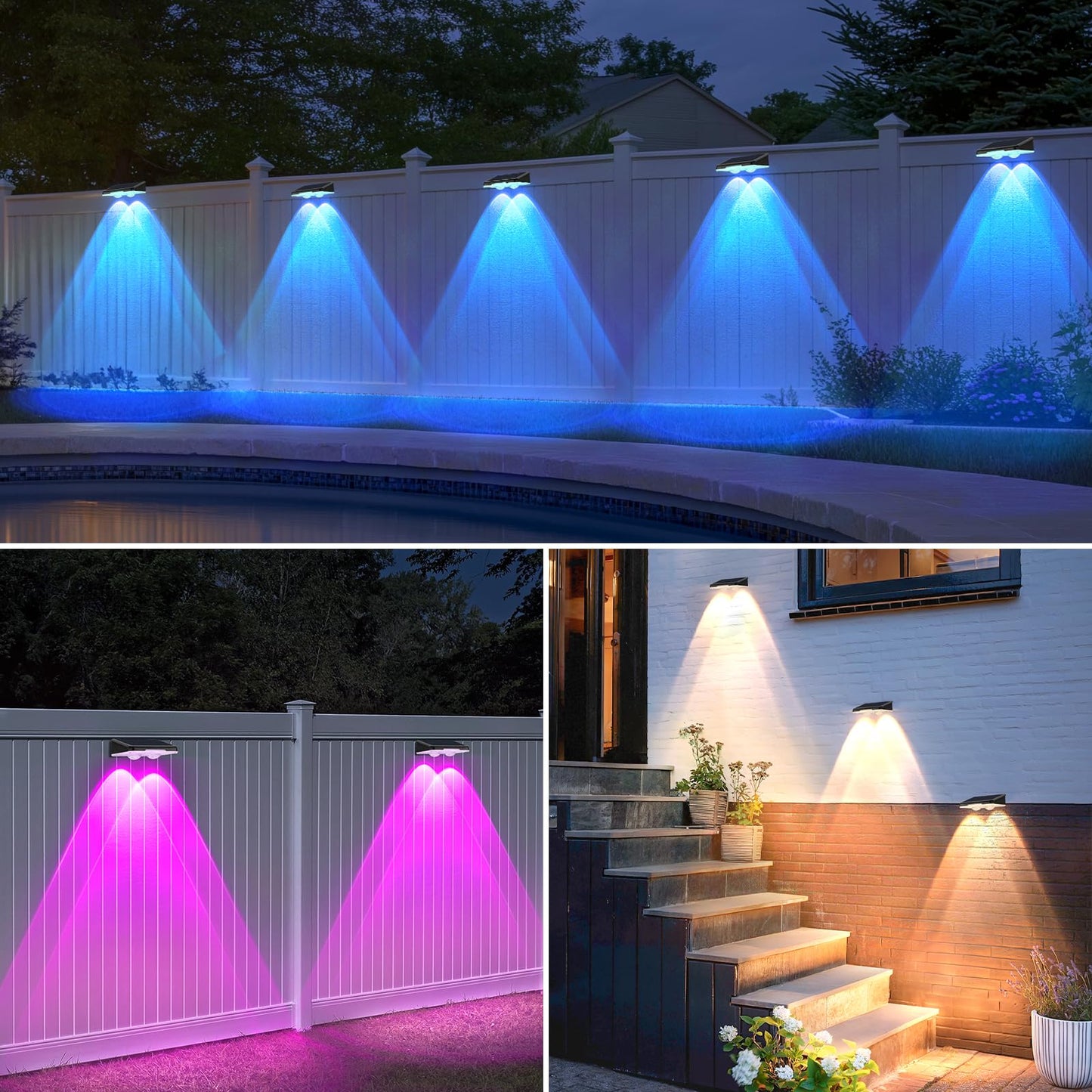 Solar Lights Outdoor Waterproof 4-Pack  Backyard Led Fence Lighting Solar Powered With Warm White & 6 Rgb Colors & 2 Lighting Modes For Outside  Deck  Step  Stairs  Balcony  Yard  Patio  Walkway