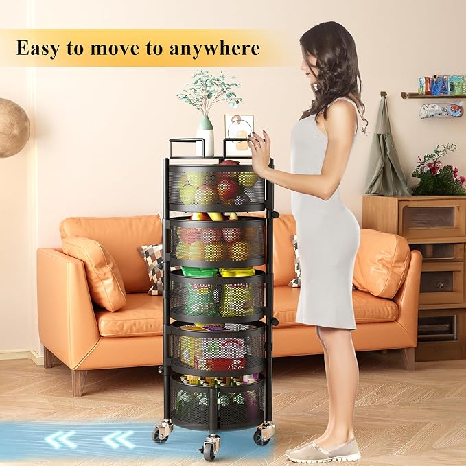 Fruit and Vegetable Basket Bowls for Kitchen with Metal Top Lid, SNTD 5 Tier Rotating Storage Rack Cart for Potato Onion Bread Banana, Wire Basket Organizer on Wheels, Large, Black