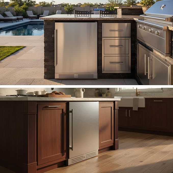 Yeego 24 inch Beverage Refrigerator, 160 Cans Beverage Fridge with Lock & Auto Defrost, Stainless Steel Indoor/Outdoor Refrigerator Freestanding or Under Counter Beverage Cooler for Soda, Beer, Wine