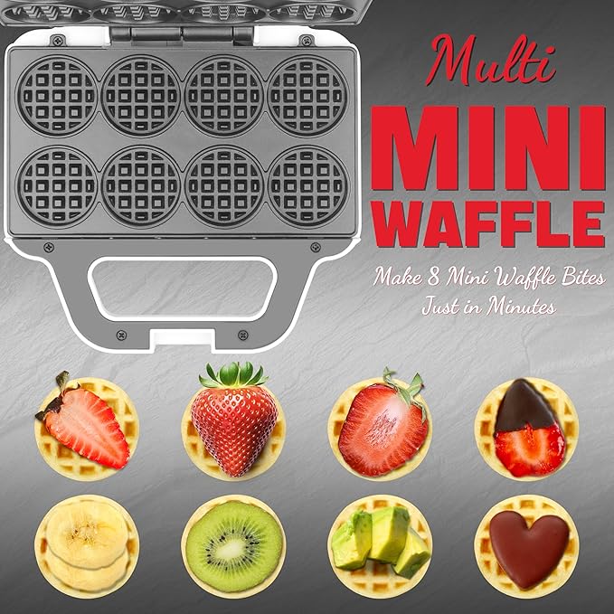 Mini Waffle Maker Machine, Tiny Waffle Bites Iron for Kids, Bake 8 x 2'' Tiny Waffle Bites, Small Waffle Maker, Compact & Easy Use, Non Stick Surface, Recipe Included, White