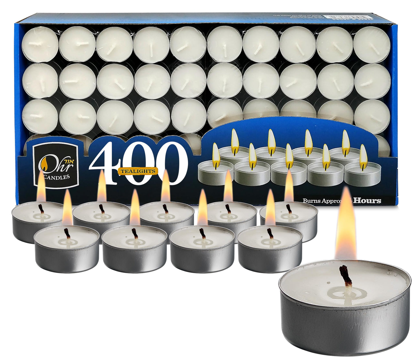 OHR CANDLES Tealight Candles 400 Pack Unscented White Wax 4 Hour Burn Time Model 28088