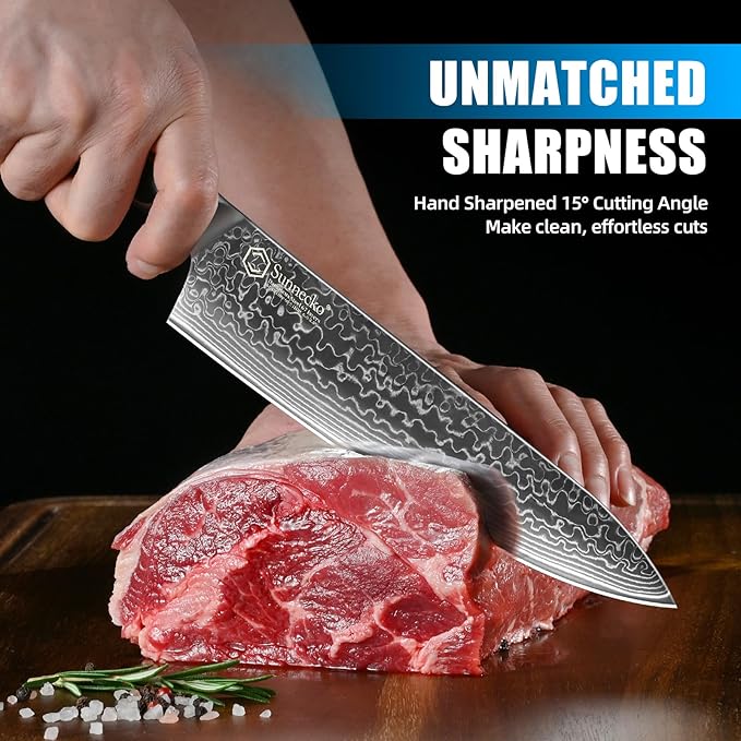 Sunnecko Damascus Kitchen Knife Set 3 Piece, Sharp Chef Knife Set Professional Kitchen Knives Sets Full Tang with Gift Box
