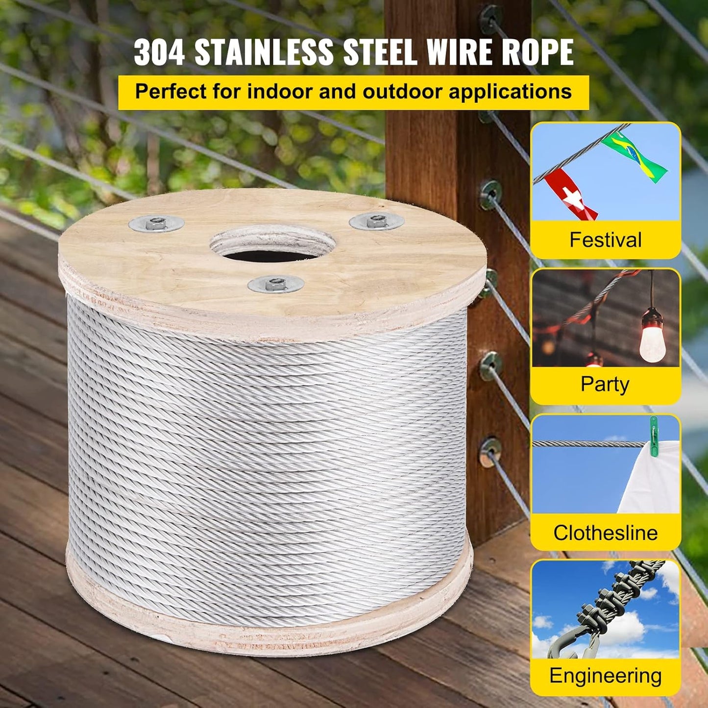 VEVOR 3/16 T304 Stainless Steel Cable 250FT, 3700 LBS Breaking Strength Cable Railing System Wire Rope Aircraft Deck Railing Kit Fence Wire