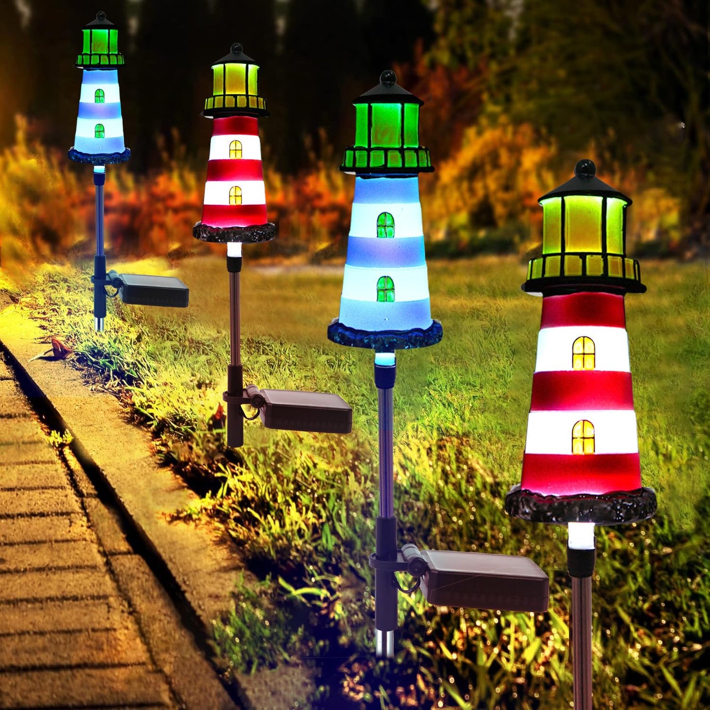 BEIDOULU Solar Powered Waterproof Garden Lights 4 Pack – Lighthouse Design for Outdoor Garden Lighting, Backyard Decorations & DIY Backyard Patio, Must-Have for Patio Lovers