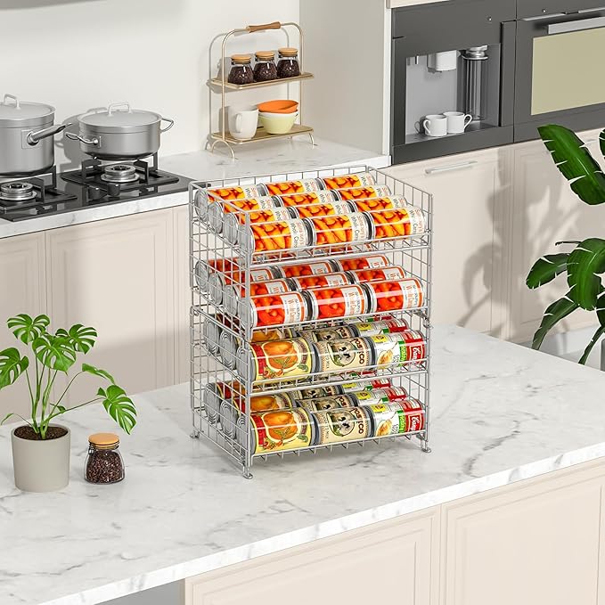 JKsmart 2-Pack Stackable Can Rack Organizer, Can Storage for Kitchen Pantry Cabinet, Can Holders for Food, Multifunctional Can Dispenser for Snacks Soda, Silver