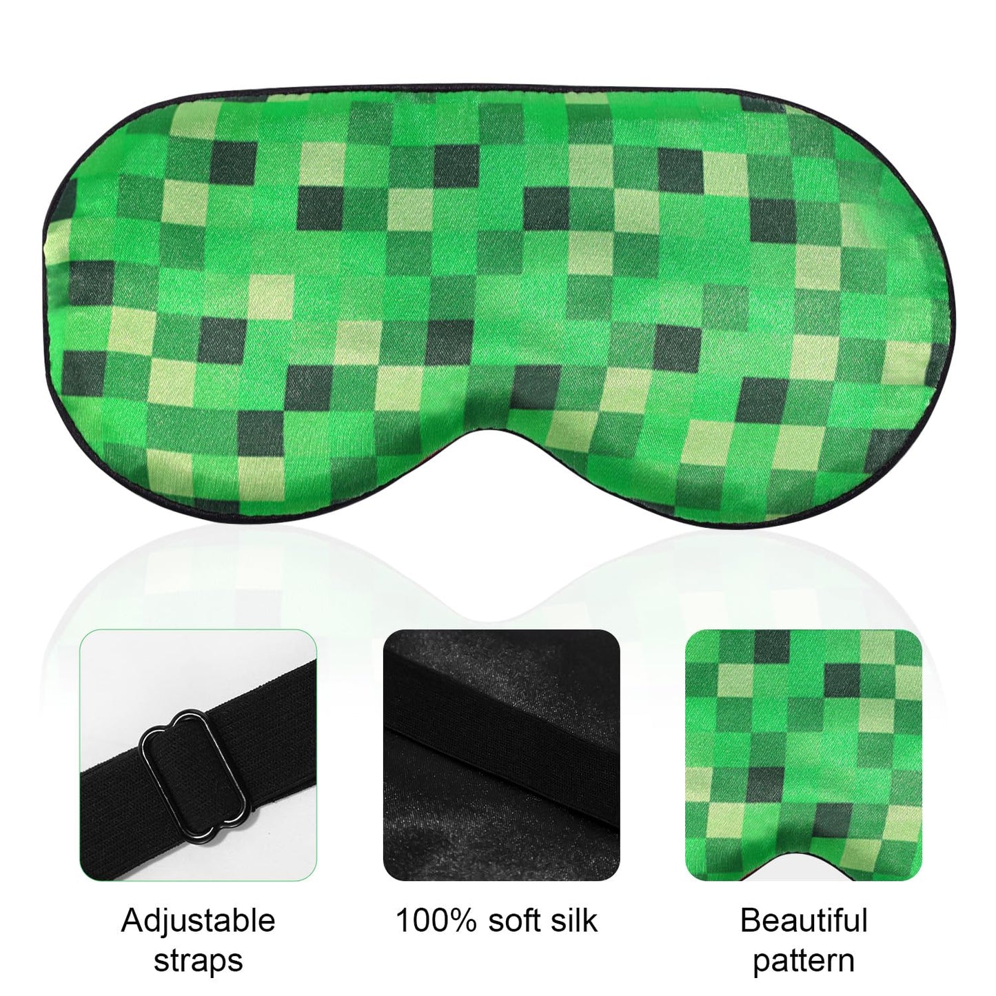 Pixel Themed Sleep Mask, Blackout Green Video Game Theme Eye Mask for Sleeping with Adjustable Elastic Strap Soft & Breathable Eye Cover for Boys Kids Men Home Office Travel Party Accessories