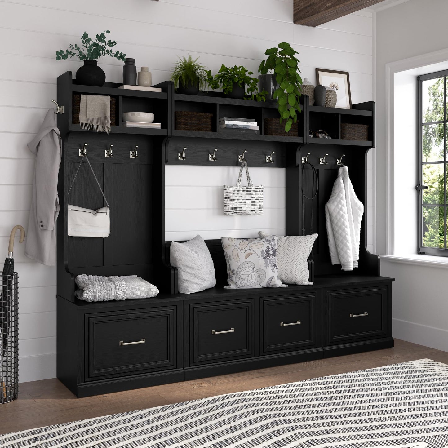 Bush Furniture Woodland 40W Shoe Storage Bench with Doors in Black Suede Oak | Footwear Organizer for Home Entryway, Mudroom, and Foyer