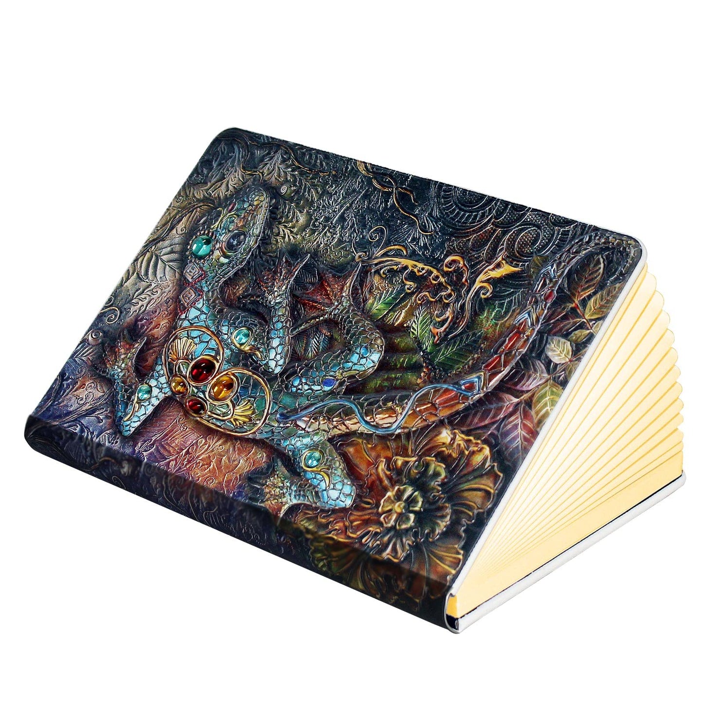 Qxmgcbok Folding Book Lamp - Rechargeable Color Changing Lizard Embossed Mood Light, Large Size, White/Warm Yellow/Purple