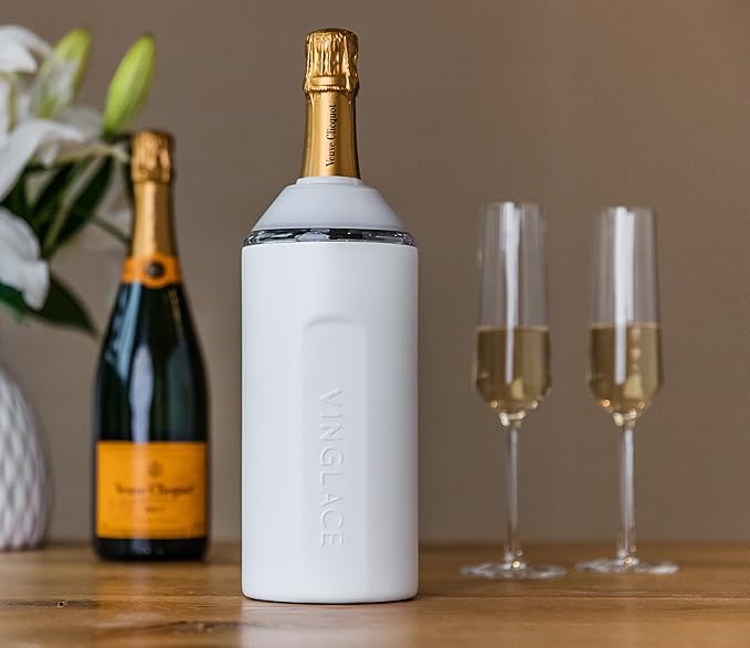 Vinglacé Wine Bottle Chiller- Portable Champagne Insulator- Stainless Steel Wine Cooler Sleeve, White