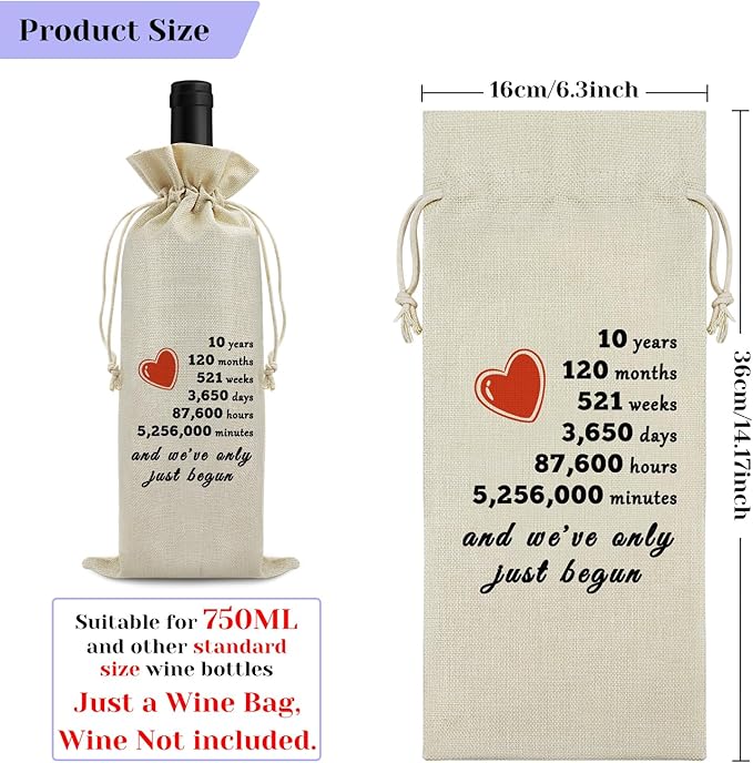 Sfodiary 10th Anniversary Wedding Gift for Wife Husband Wine Bag 10th Year Marriage Gift for Women Men Burlap Wine Wrap Bag Valentine Christmas Thanksgiving Gifts for Couples Wine Gift Bag