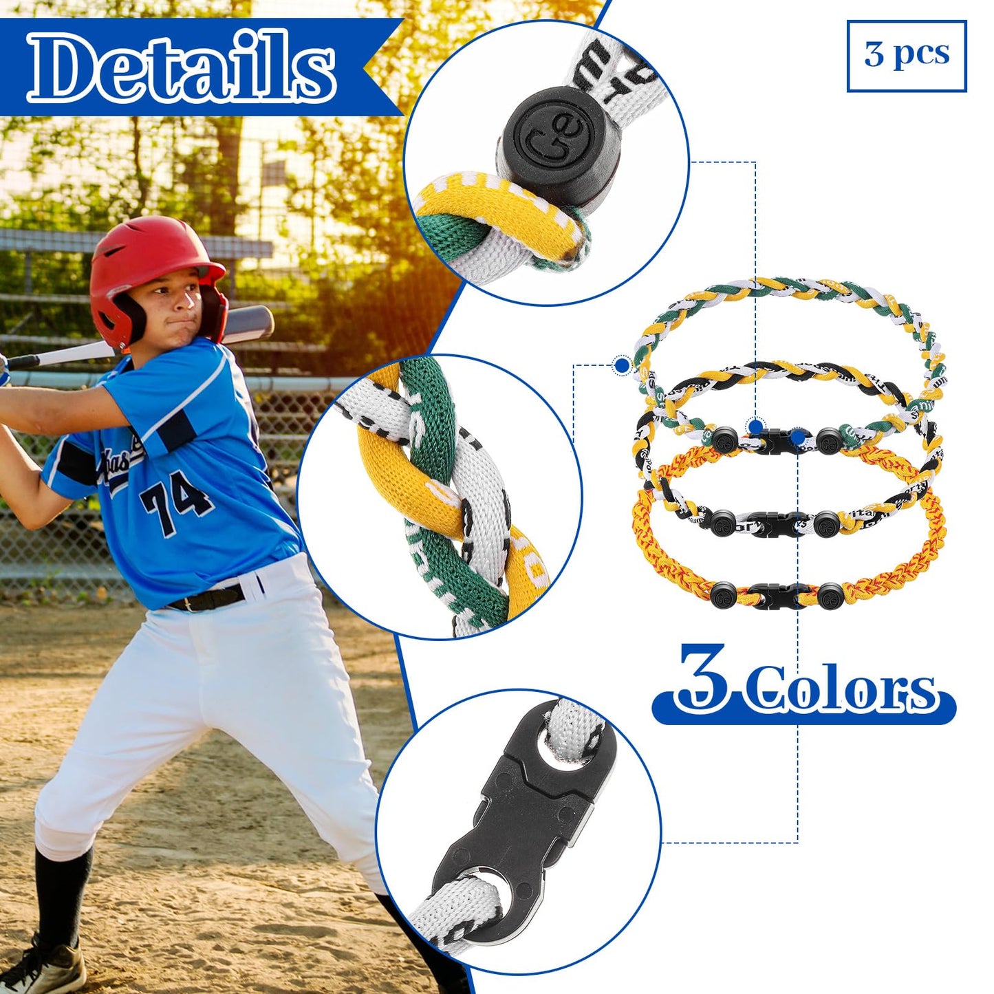 Junkin 3 Pcs Baseball Necklaces Three Braided Rope Titanium Necklace for Team Gifts Boys Men Player Softball Fans Sports (Yellow