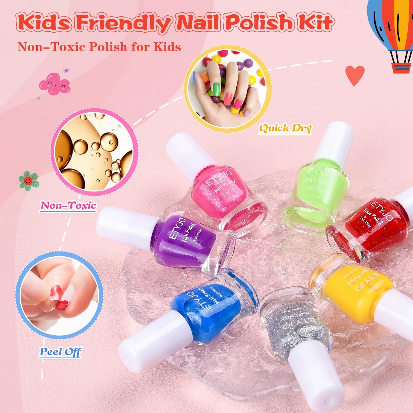 ETYJO Kids Nail Polish - 100% Non Toxic Peel - Off Water-Based Quick Dry Nail Polish for Toddler 7 Candy Colors With Sticker for
