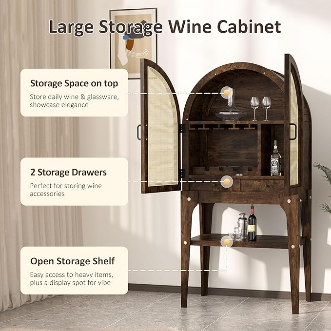 64" Tall Solid Poplar Wood Arched Bar Cabinet with Rattan Door, Wine Storage Cabinet with Wine Rack and Glass Holder, Freestanding Buffet Sideboard Tall Cupboard for Kitchen Coffee Bar