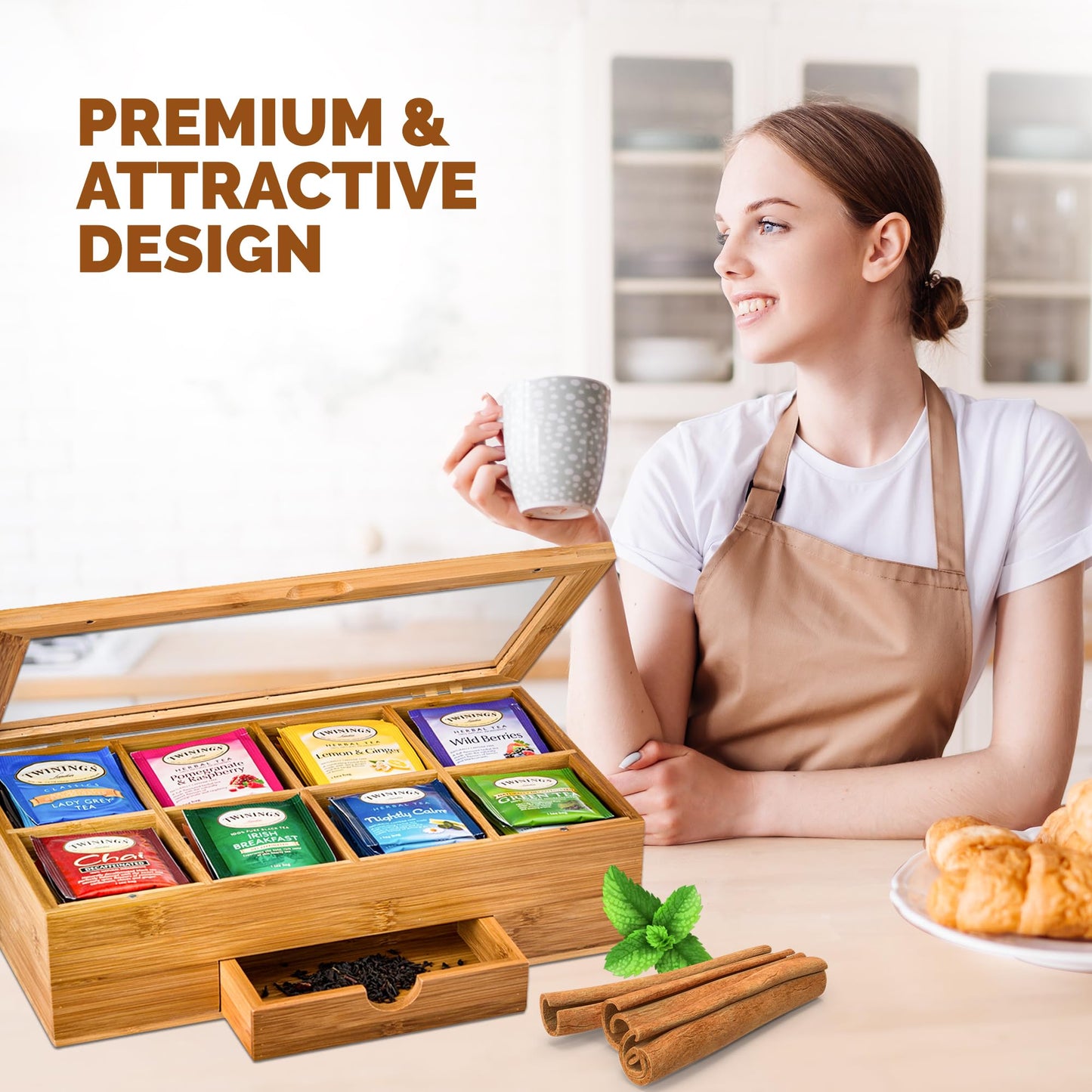 Tea Bag Organizer - Bamboo Tea Box Storage with Drawer & Acrylic Window, Tea Organizer Holder, Tea Bag Holder, Tea Storage Box, Tea Box Organizer, Holiday Gift Idea for Home Kitchen (Tea Not Included)
