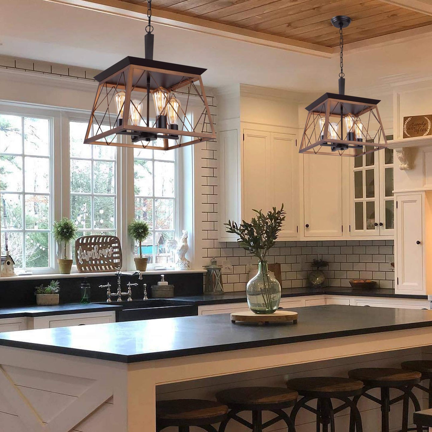 Q&S Farmhouse Rustic Chandelier, Antique Geometric 4 Lights, Metal, Square, Bronze, Model P2006-4BR
