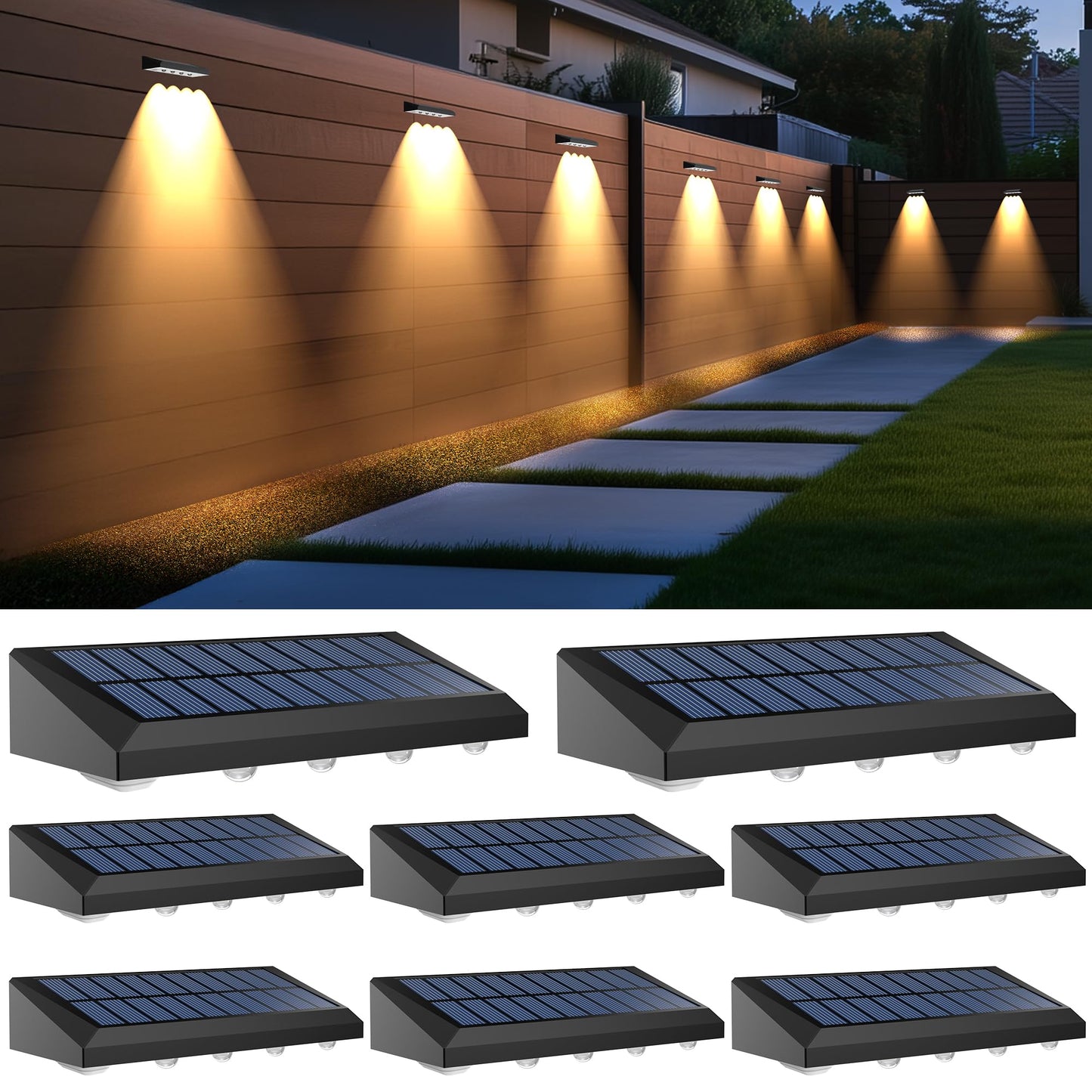 Audles Solar Fence Lights Outdoor  8 Pack Fence Lights Solar Powered With 4 Led  Fence Solar Light Outdoor Ip65 Waterproof Deck Light For Backyard  Railing  Patio  Stair  Wall  Step - Warm Lighting