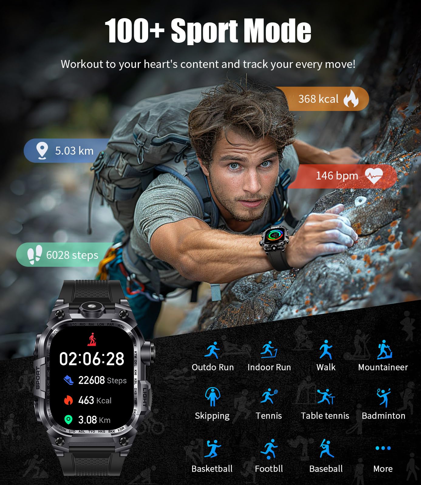 LIGE Military Smart Watch for Men(LED Flashlight), 2.01" Rugged Smartwatch, 100+ Sports Fitness Tracker Watch, 700mAh Long Battery/Bluetooth Call/Sleep/IP68 Smart Watch for Android iOS Compatible