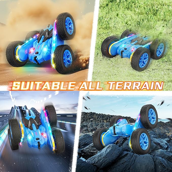 Remote Control Car, Rc Cars Stunt Toys New Upgraded Strip Lights and Headlights Toys Double-Sided 360° Rotating 4WD Drift Truck for Boys Girls Birthday Gift (Blue)