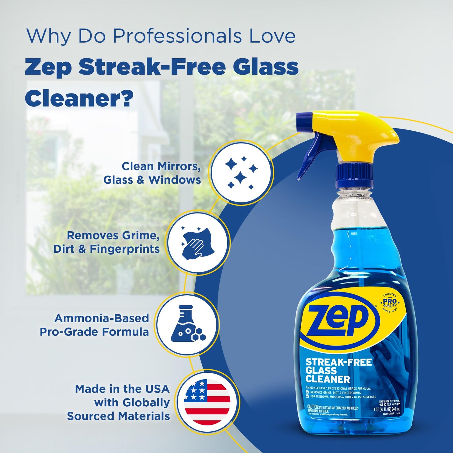 Zep Streak-Free Glass Cleaner - 32 Oz (Case of 12) ZU112032- Professional Grade Formula that Cleans Dirt, Fingerprints, Grime, Smoke Haze, and Toothpaste on Windows, Mirrors, and Other Glass Surfaces