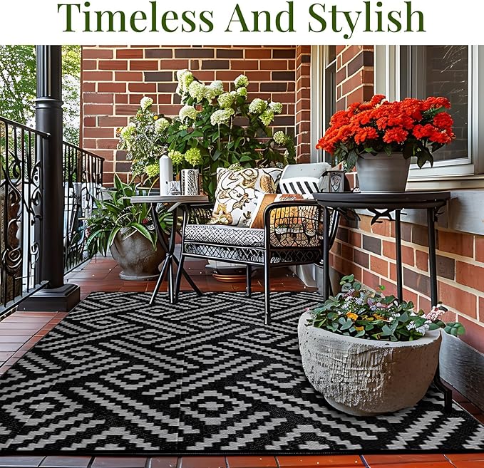 OPPODREAM Outdoor Rug 9x12 Patio Waterproof, Large Outdoor Plastic Straw Rug, Reversible Out Door Carpet for Camping, Deck, Rv, 9 x 12 Area Carpet for Balcony, Porch, Backyard, Black and Grey