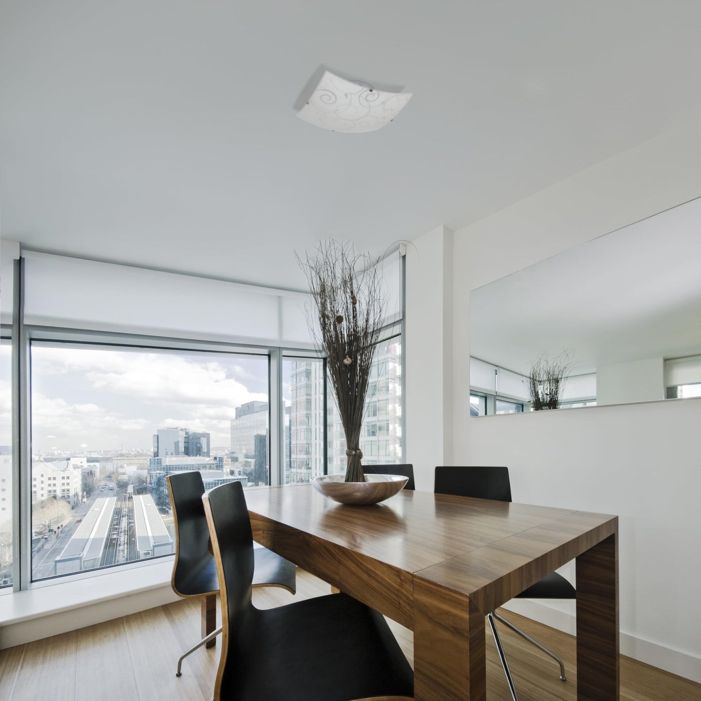 Simple Designs Fm3001-Wht Square Flushmount Ceiling Light, White Glass, 9.87X9.87X3.25 Inches, Scroll Swirl Design