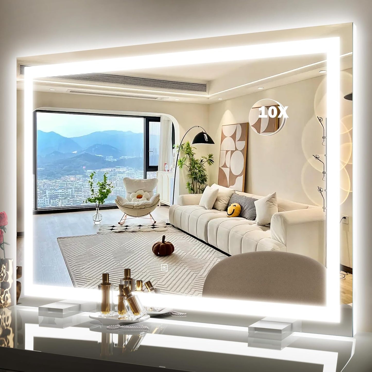 38"x28" Inch Large Lighted Vanity Mirror, 3-Color Lighting & Dimmable Modes, LED Makeup Mirror for Bathroom/Dressing Room (Wall/Tabletop Mount, White)