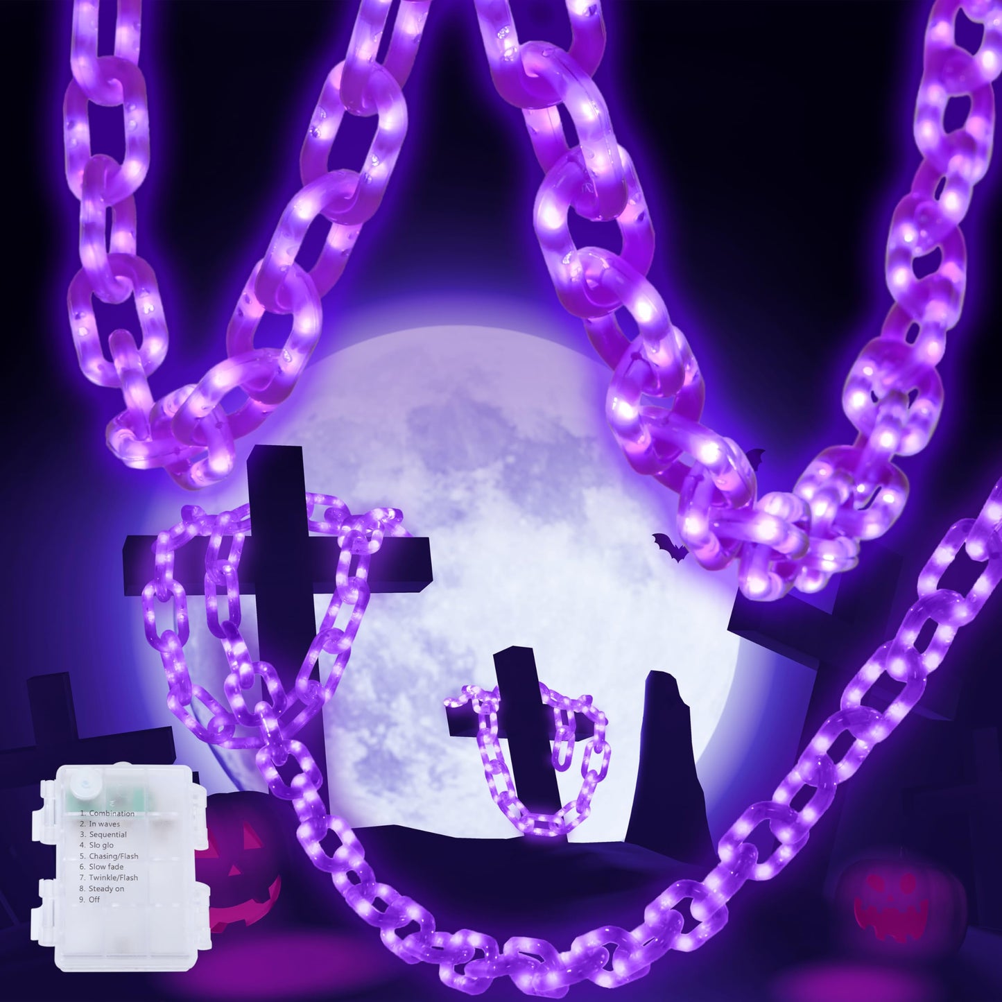 Joyin 8Ft Halloween String Lights Battery Powered Led Plastic Chain String Lights Waterproof  8 Lighting Modes  Timer Function  Led Light For Halloween Party Yard Pathway Indoor Outdoor Decor(Purple)