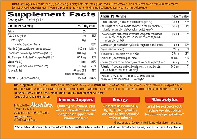 Emergen-C 1000mg Vitamin C Powder for Daily Immune Support Caffeine Free Vitamin C Supplements with Zinc and Manganese, B Vitamins and Electrolytes, Super Orange Flavor - 90 Count/3 Month Supply