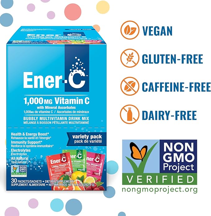 Ener-C Multivitamin Drink Mix - Vitamin Packets for Water, Electrolytes Powder Packets, Vitamin Drink Mix, Hydration Liquid Mix, Immune Booster for Adults, Healthy Energy - Variety Pack, 60 Count